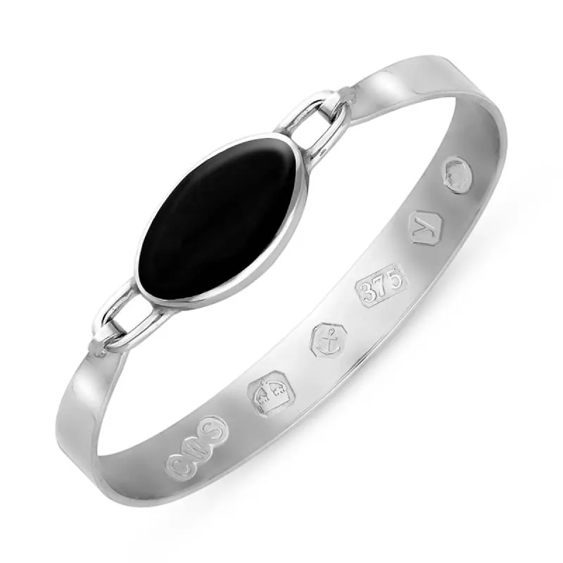 9ct White Gold Whitby Jet King's Coronation Hallmark Wide Oval Bangle sold by C.W. Sellors