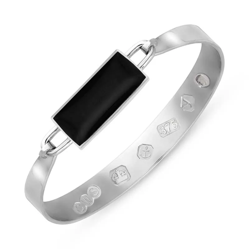 9ct White Gold Whitby Jet King's Coronation Hallmark Wide Oblong Bangle sold by C.W. Sellors