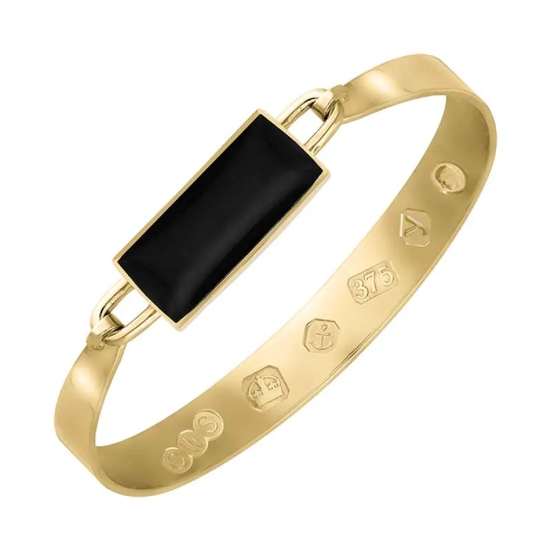 9ct Yellow Gold Whitby Jet King's Coronation Hallmark Wide Oblong Bangle sold by C.W. Sellors