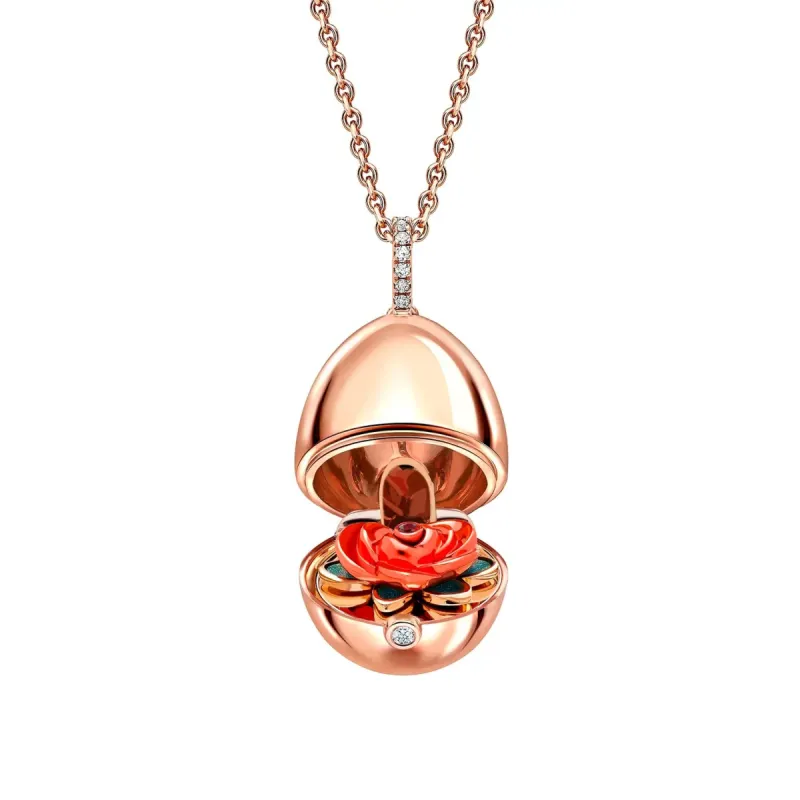 Faberge Essence 18ct Rose Gold Ruby Set Rose Surprise Locket sold by C.W. Sellors