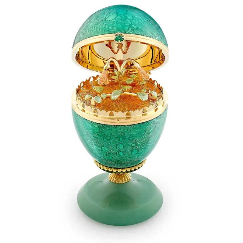 Faberge 18ct Yellow Gold Green Enamel Limited Edition Egg Objet with Twin Flower Surprise sold by C.W. Sellors