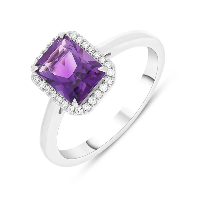 18ct White Gold Amethyst Diamond Emerald Cut Cluster Ring sold by C.W. Sellors
