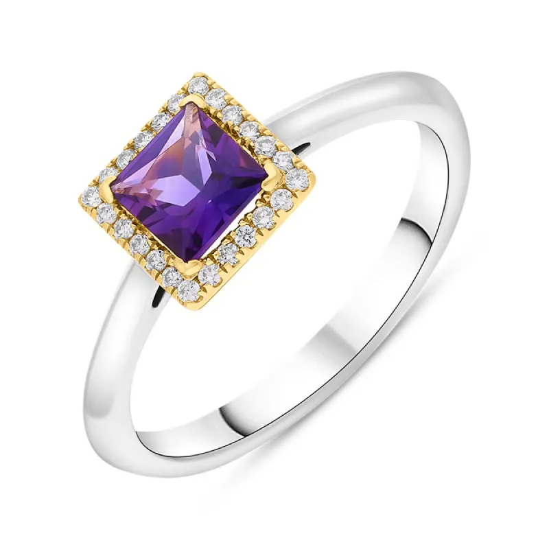 18ct White Yellow Gold Amethyst Diamond Square Cluster Ring sold by C.W. Sellors