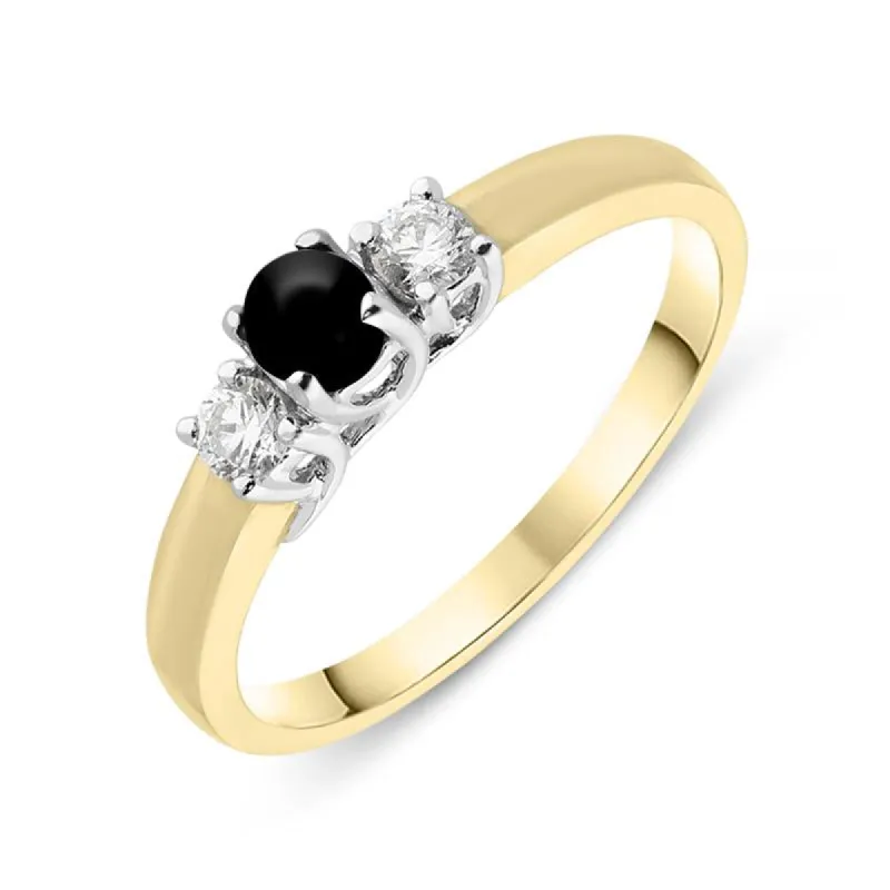 18ct Yellow Gold Whitby Jet Diamond Trilogy Ring made by C.W. Sellors