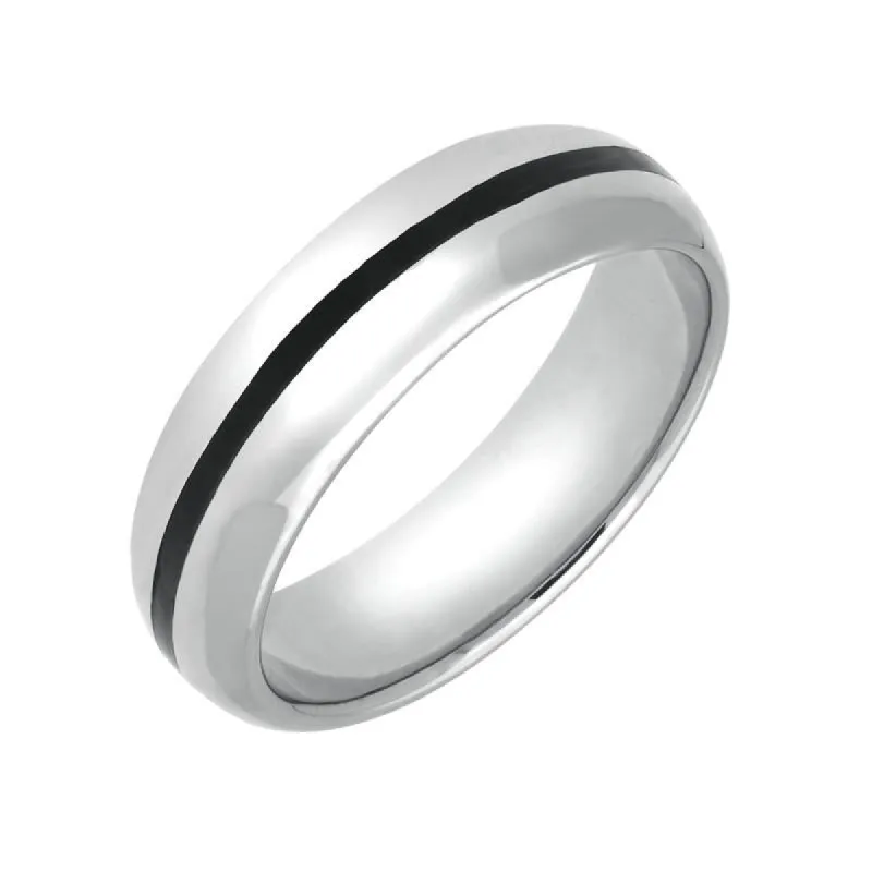 Sterling Silver Whitby Jet 1mm Stone Inlaid Wedding Band Ring sold by C.W. Sellors