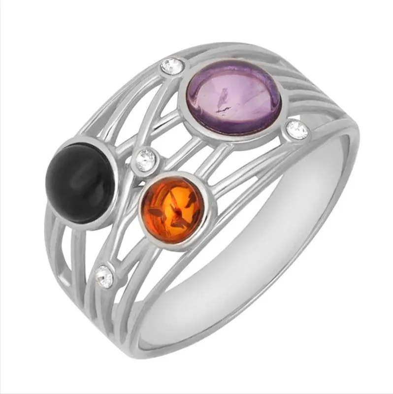Sterling Silver Whitby Jet Amethyst Amber Bubble Ring sold by C.W. Sellors