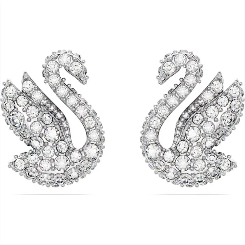 Swarovski Iconic Swan Rhodium Plated White Crystal Stud Earrings sold by C.W. Sellors