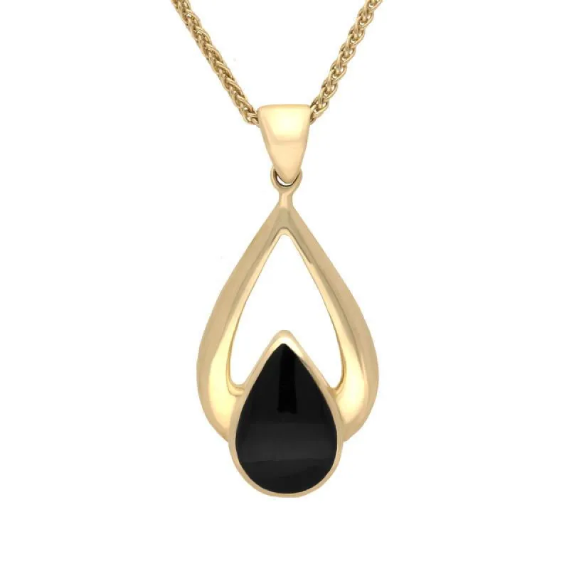 9ct Yellow Gold Whitby Jet Open Framed Pear Drop Necklace sold by C.W. Sellors