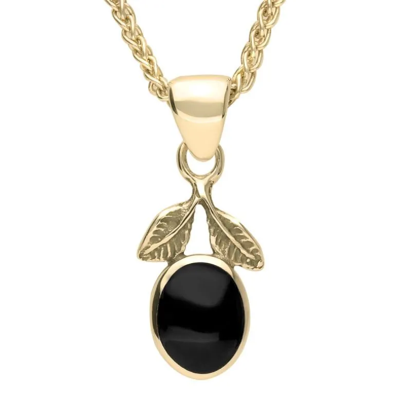 9ct Yellow Gold Whitby Jet Oval Leaf Necklace sold by C.W. Sellors