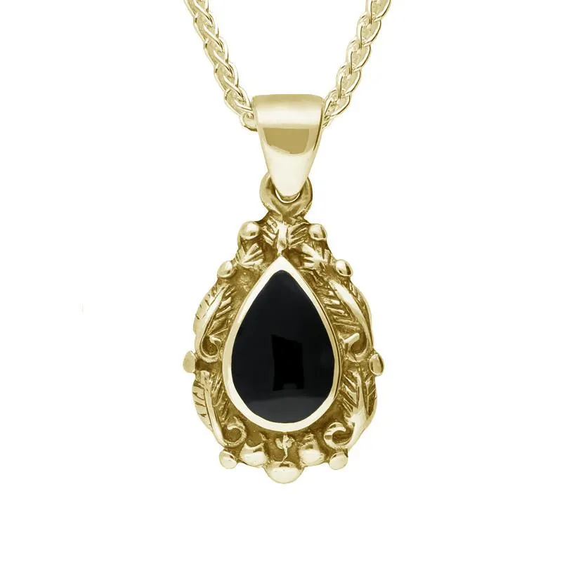 9ct Yellow Gold Whitby Jet Pear Shaped Leaf Drop Necklace sold by C.W. Sellors