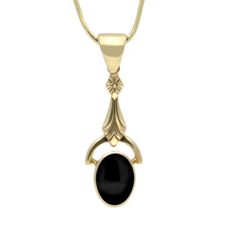 9ct Yellow Gold Whitby Jet Oval Art Deco Drop Necklace sold by C.W. Sellors