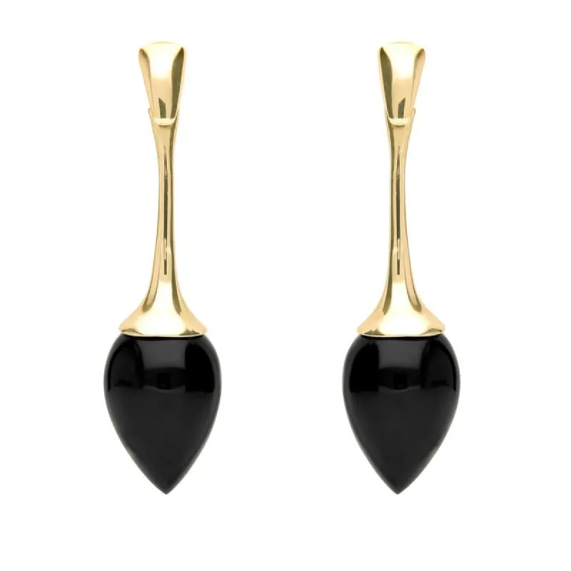 9ct Yellow Gold Whitby Jet Long Flute Pear Drop Earrings sold by C.W. Sellors