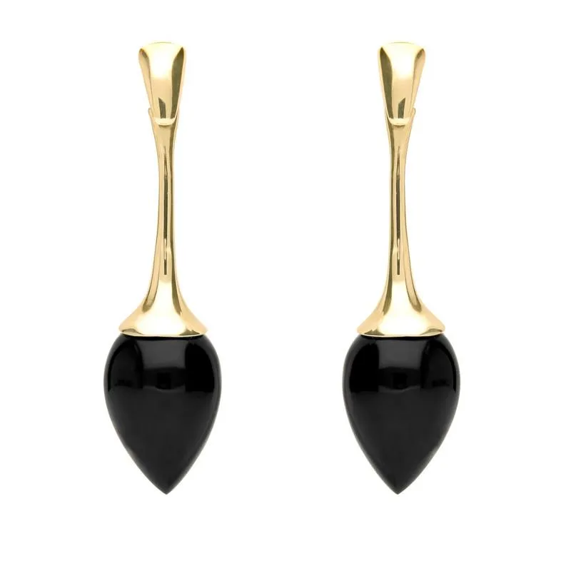 9ct Yellow Gold Whitby Jet Long Flute Pear Drop Earrings sold by C.W. Sellors