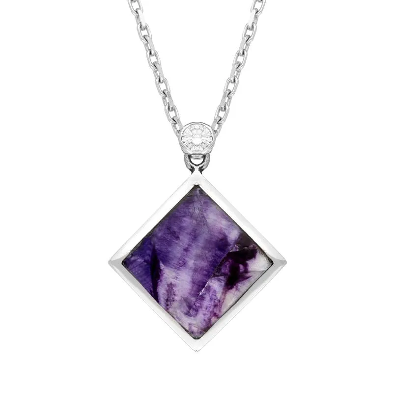 18ct White Gold Blue John Diamond Top Flat Square Necklace D sold by C.W. Sellors