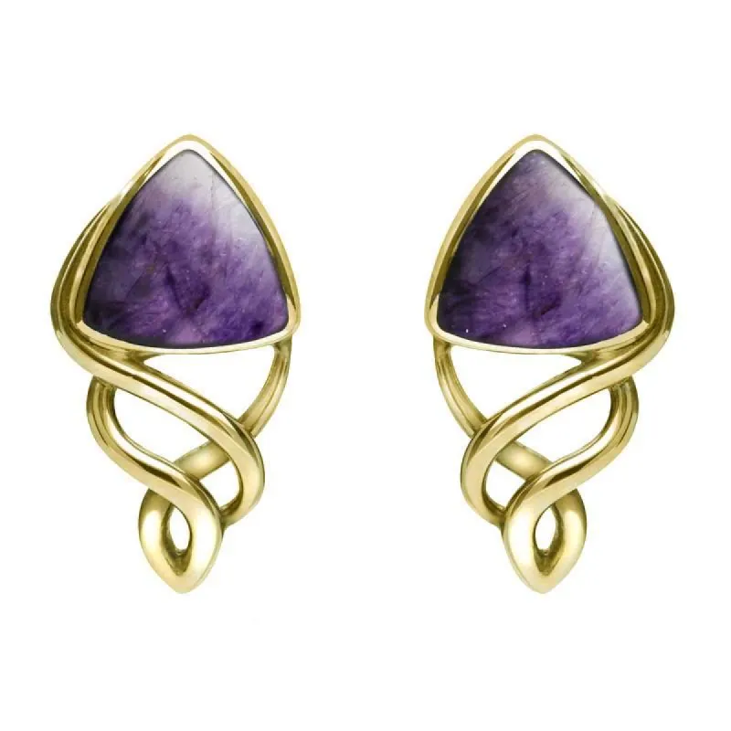 9ct Yellow Gold Blue John Curve Triangle Celtic Stud Earrings sold by C.W. Sellors