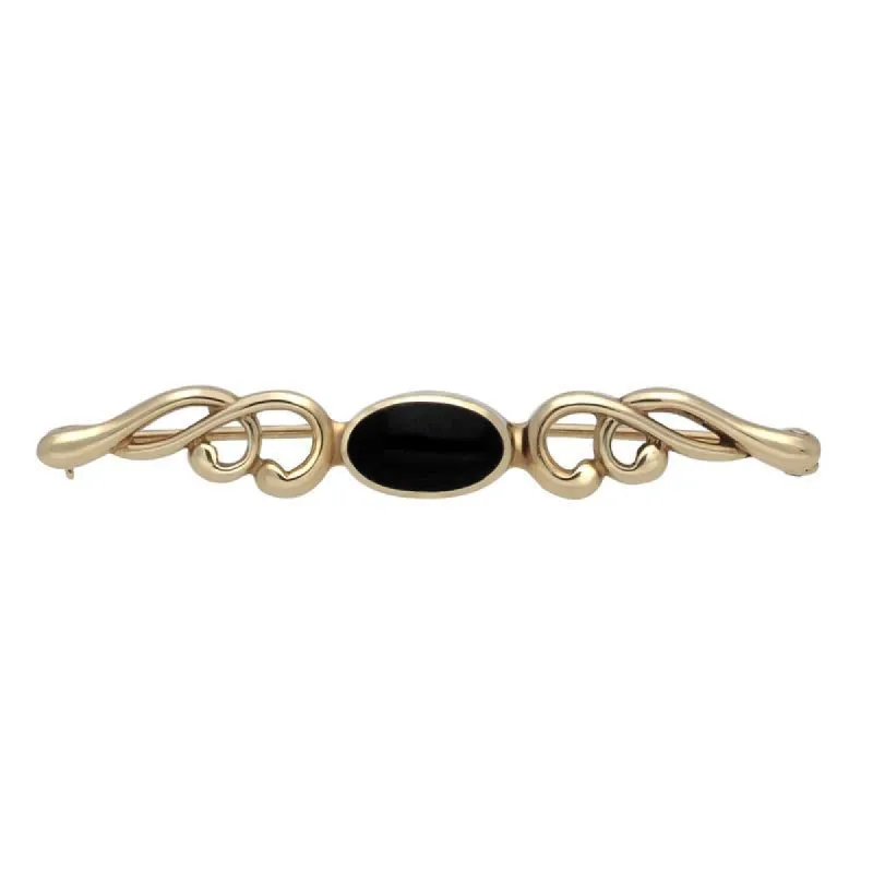 9ct Yellow Gold Whitby Jet Oval Scroll Brooch sold by C.W. Sellors