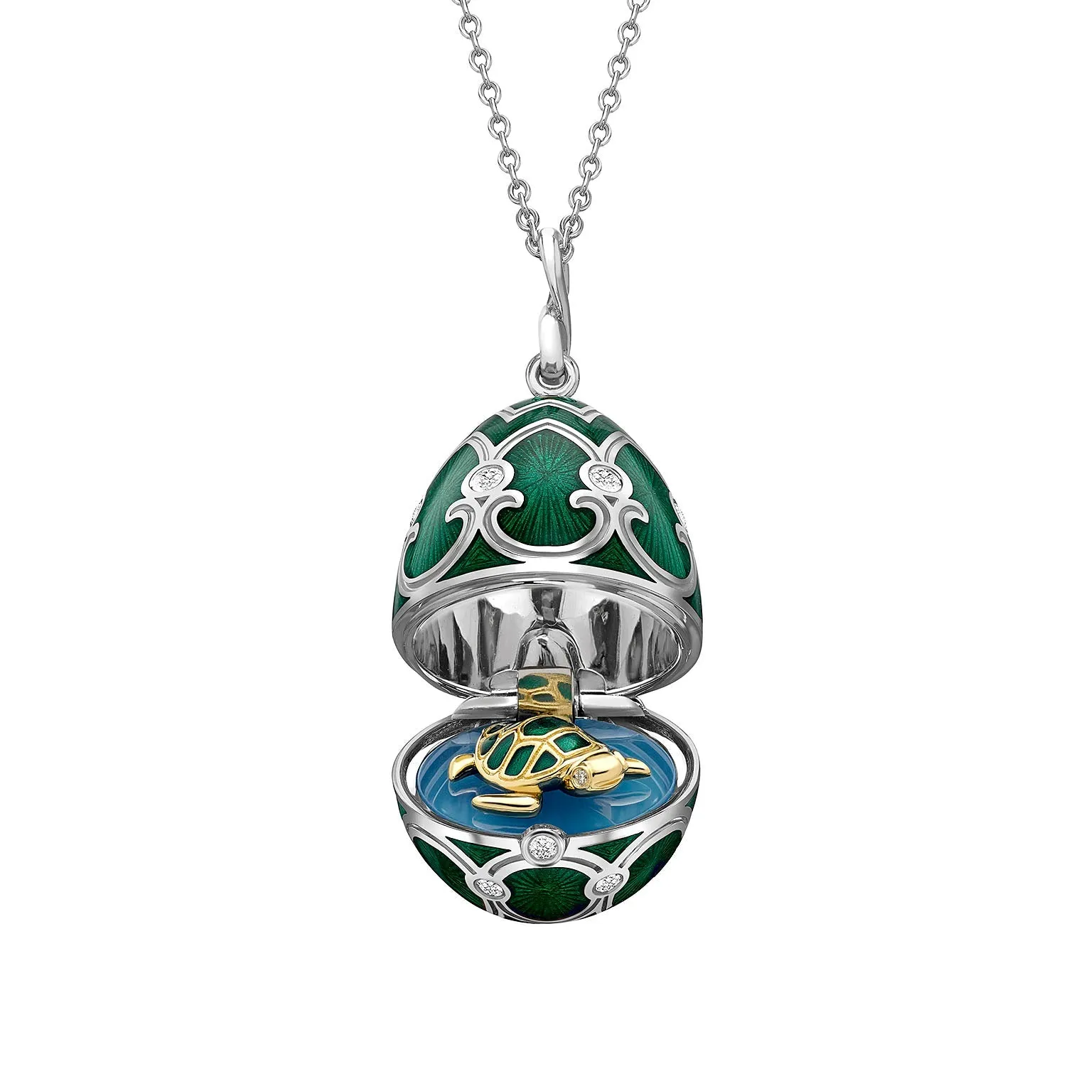 Faberge Heritage White Gold Green Guilloche Enamel Locket with Turtle Surprise sold by C.W. Sellors