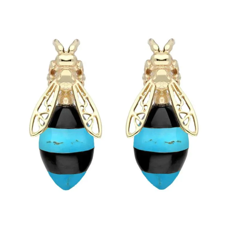 9ct Yellow Gold Whitby Jet Turquoise Bee Stud Earrings sold by C.W. Sellors