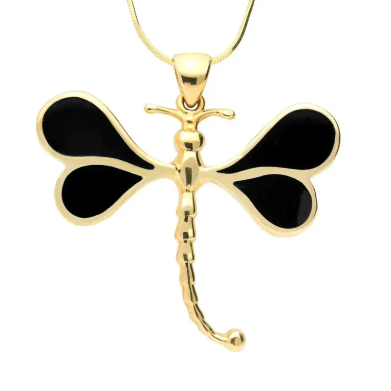 9ct Yellow Gold Whitby Jet Four Stone Dragonfly Necklace sold by C.W. Sellors