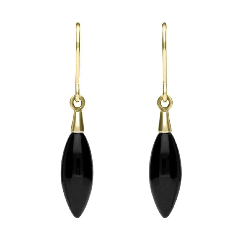 9ct Yellow Gold Whitby Jet Carved Marquise Drop Earrings sold by C.W. Sellors