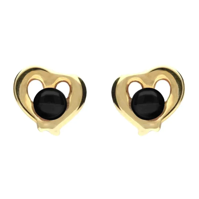 9ct Yellow Gold Whitby Jet Heart Outline Stud Earrings sold by C.W. Sellors