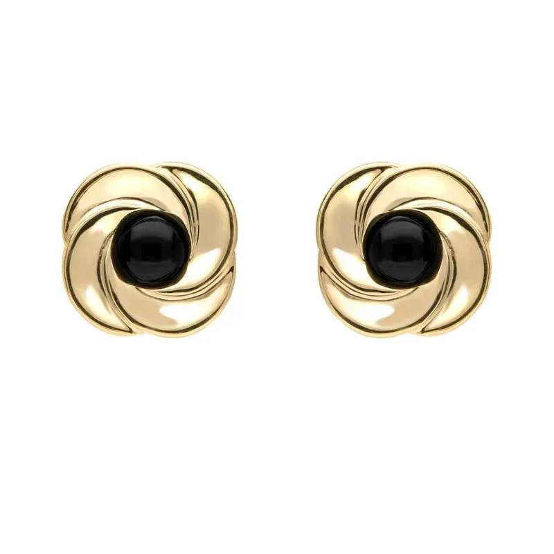 9ct Yellow Gold Whitby Jet Round Swirl Stud Earrings sold by C.W. Sellors