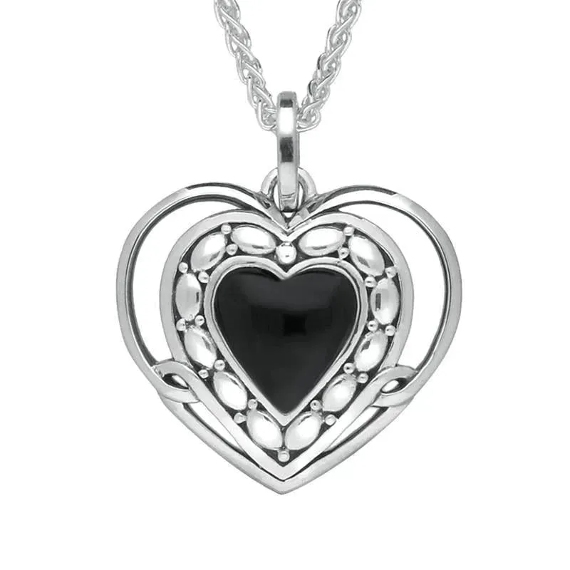 Sterling Silver Whitby Jet Pattern Open Heart Necklace sold by C.W. Sellors