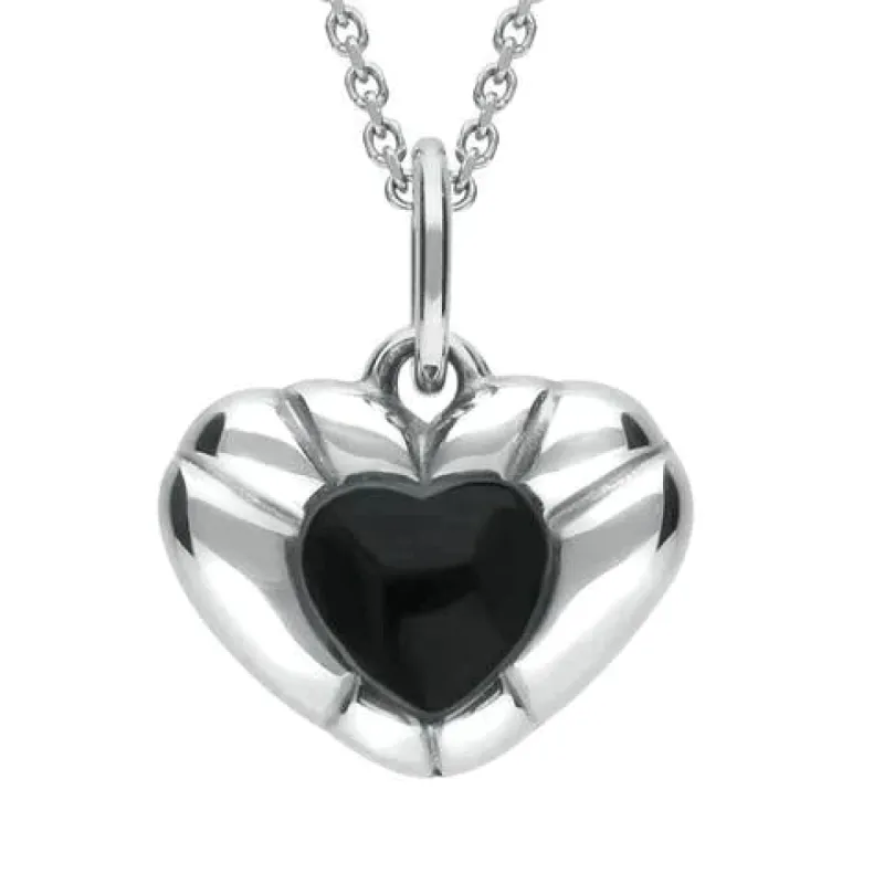 Sterling Silver Whitby Jet Ridged Heart Necklace sold by C.W. Sellors