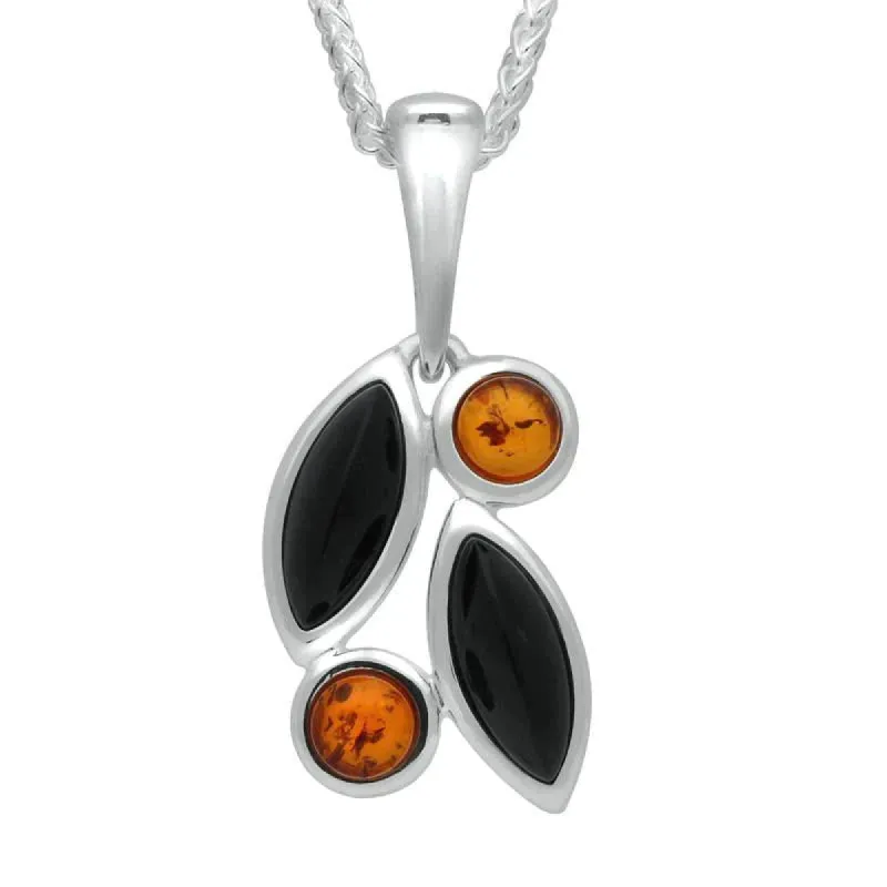 Sterling Silver Whitby Jet Amber Four Stone Leaf Necklace sold by C.W. Sellors