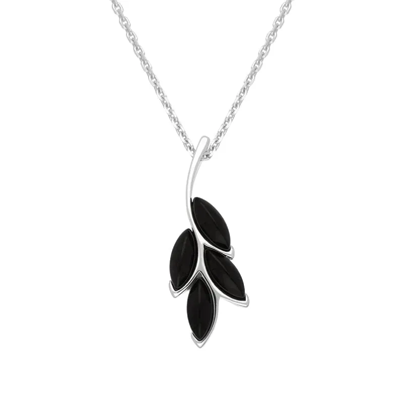 Sterling Silver Whitby Jet Four Leaf Necklace sold by C.W. Sellors