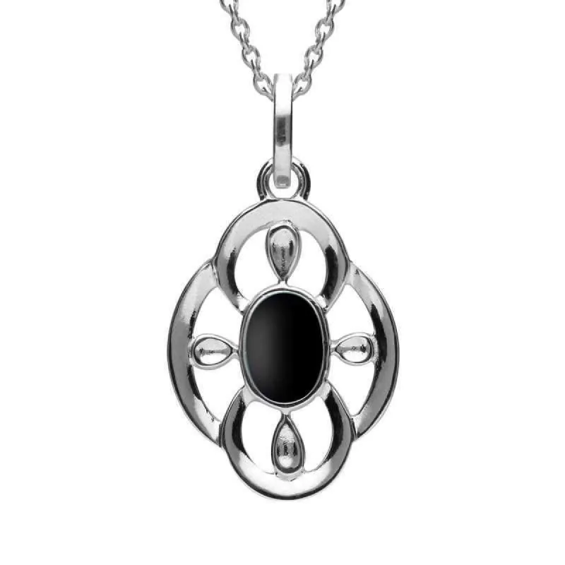 Sterling Silver Whitby Jet Open Petal Flower Necklace sold by C.W. Sellors
