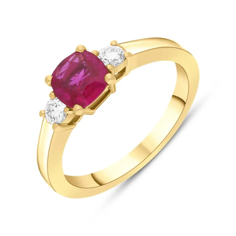 18ct Yellow Gold Ruby Diamond Three Stone Cushion Ring sold by C.W. Sellors