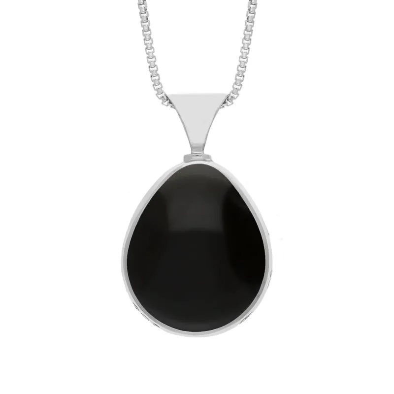 18ct White Gold Whitby Jet Mother of Pearl Hallmark Double Sided Pear-shaped Necklace sold by C.W. Sellors