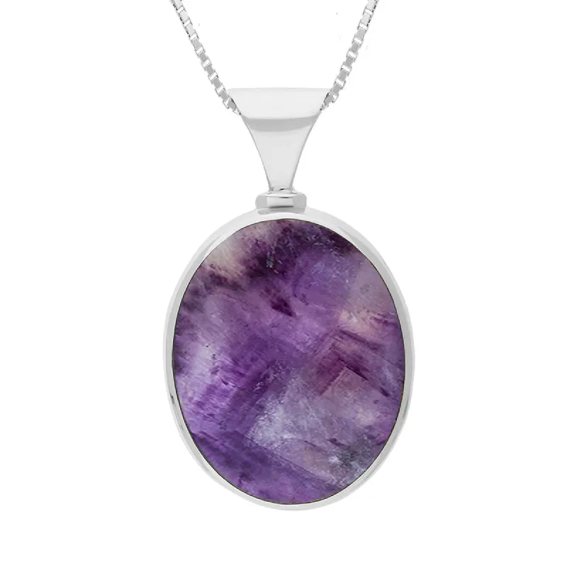 18ct White Gold Blue John Whitby Jet Hallmark Double Sided Oval Necklace sold by C.W. Sellors