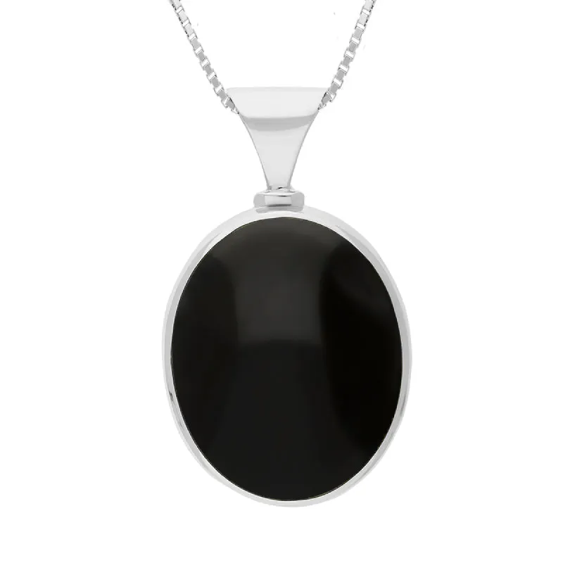 18ct White Gold Whitby Jet Mother of Pearl Hallmark Double Sided Oval Necklace sold by C.W. Sellors