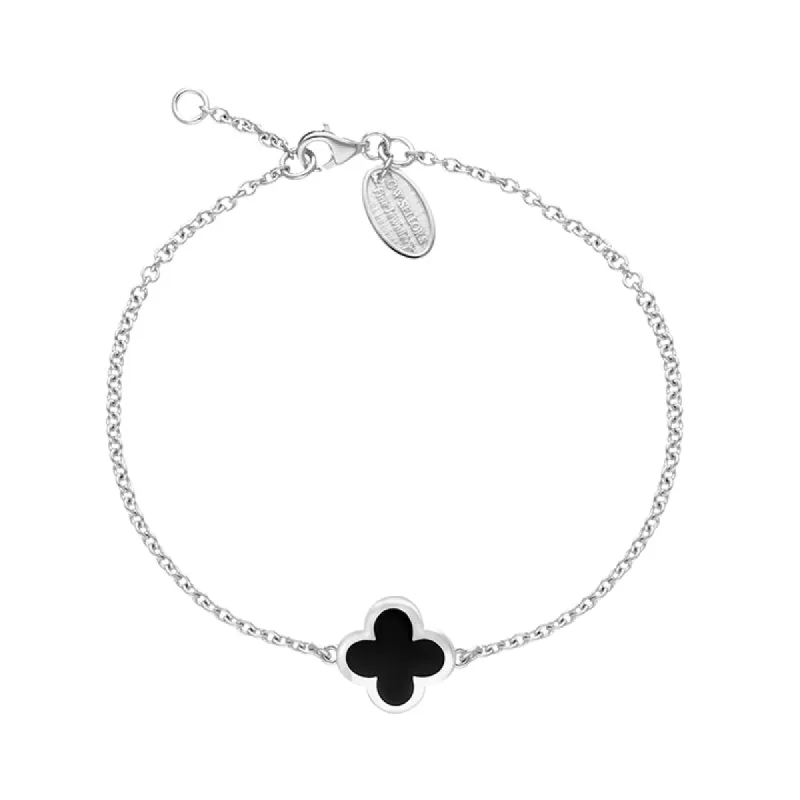 Sterling Silver Whitby Jet Bloom Four Leaf Clover Polished Edge Bracelet sold by C.W. Sellors