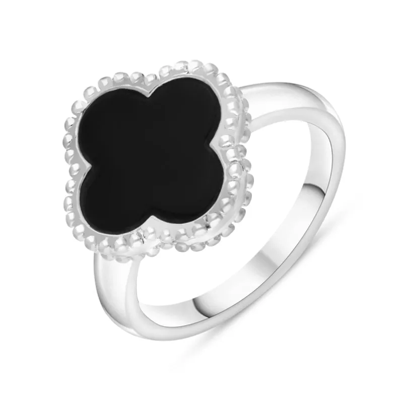 9ct White Gold Whitby Jet Bloom Four Leaf Clover Ball Edge Ring sold by C.W. Sellors