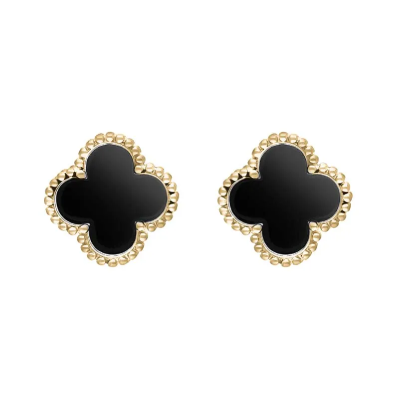 9ct Yellow Gold Whitby Jet Bloom Four Leaf Clover Ball Edge Stud Earrings sold by C.W. Sellors