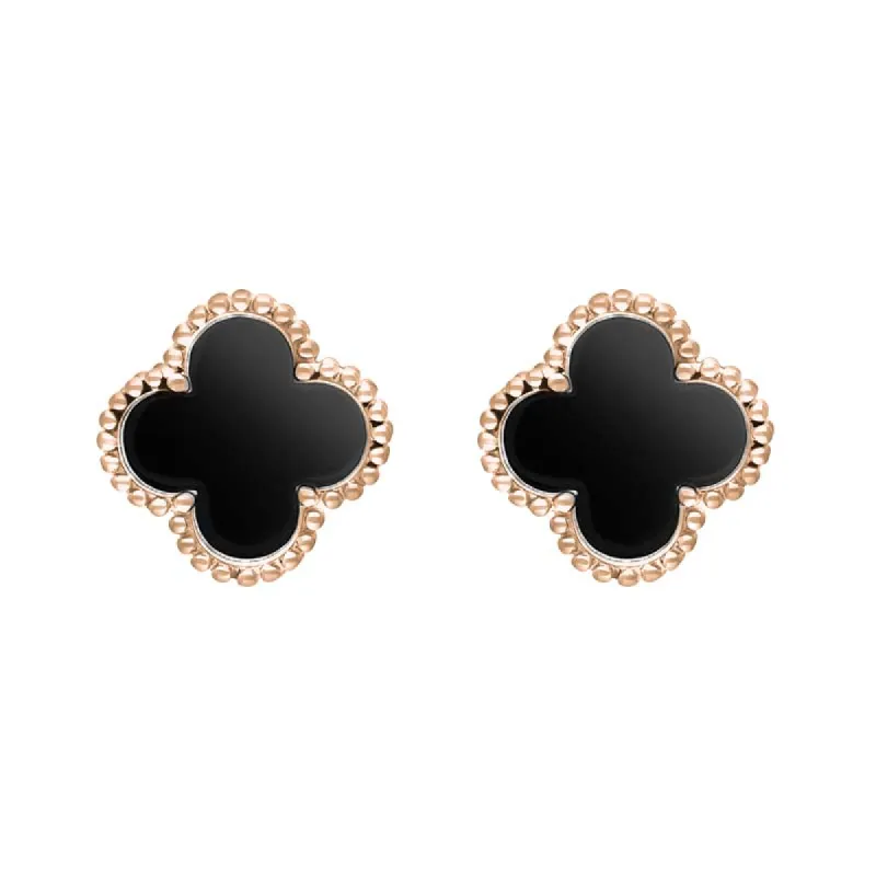 9ct Rose Gold Whitby Jet Bloom Four Leaf Clover Ball Edge Stud Earrings sold by C.W. Sellors