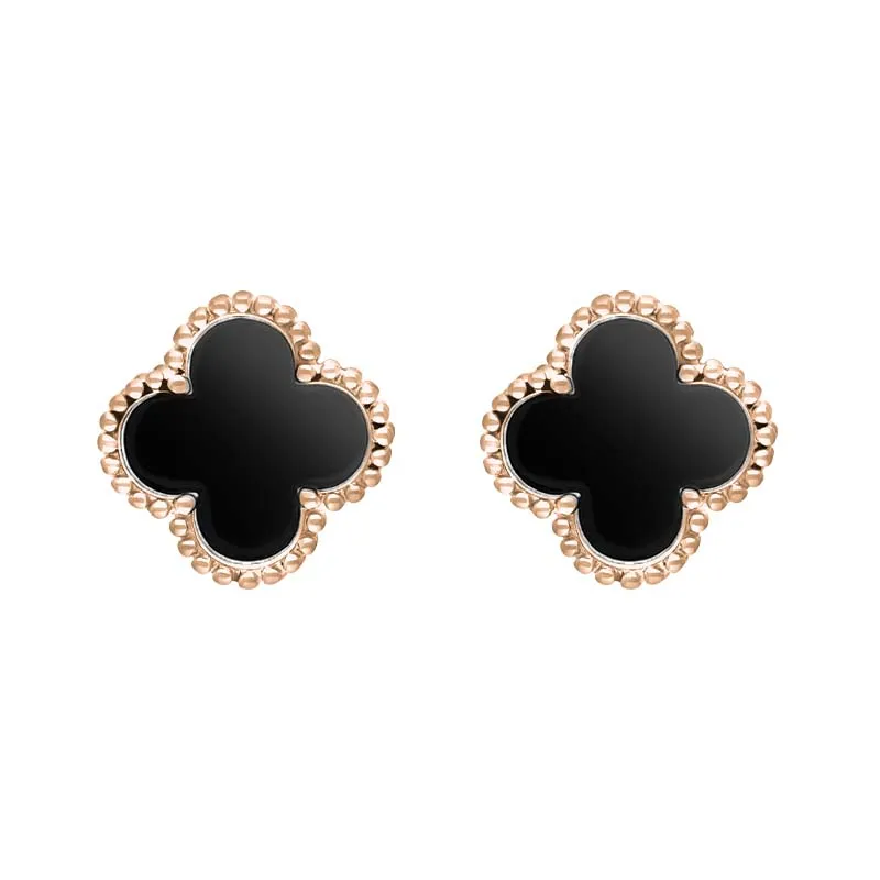 9ct Rose Gold Whitby Jet Bloom Four Leaf Clover Ball Edge Stud Earrings sold by C.W. Sellors