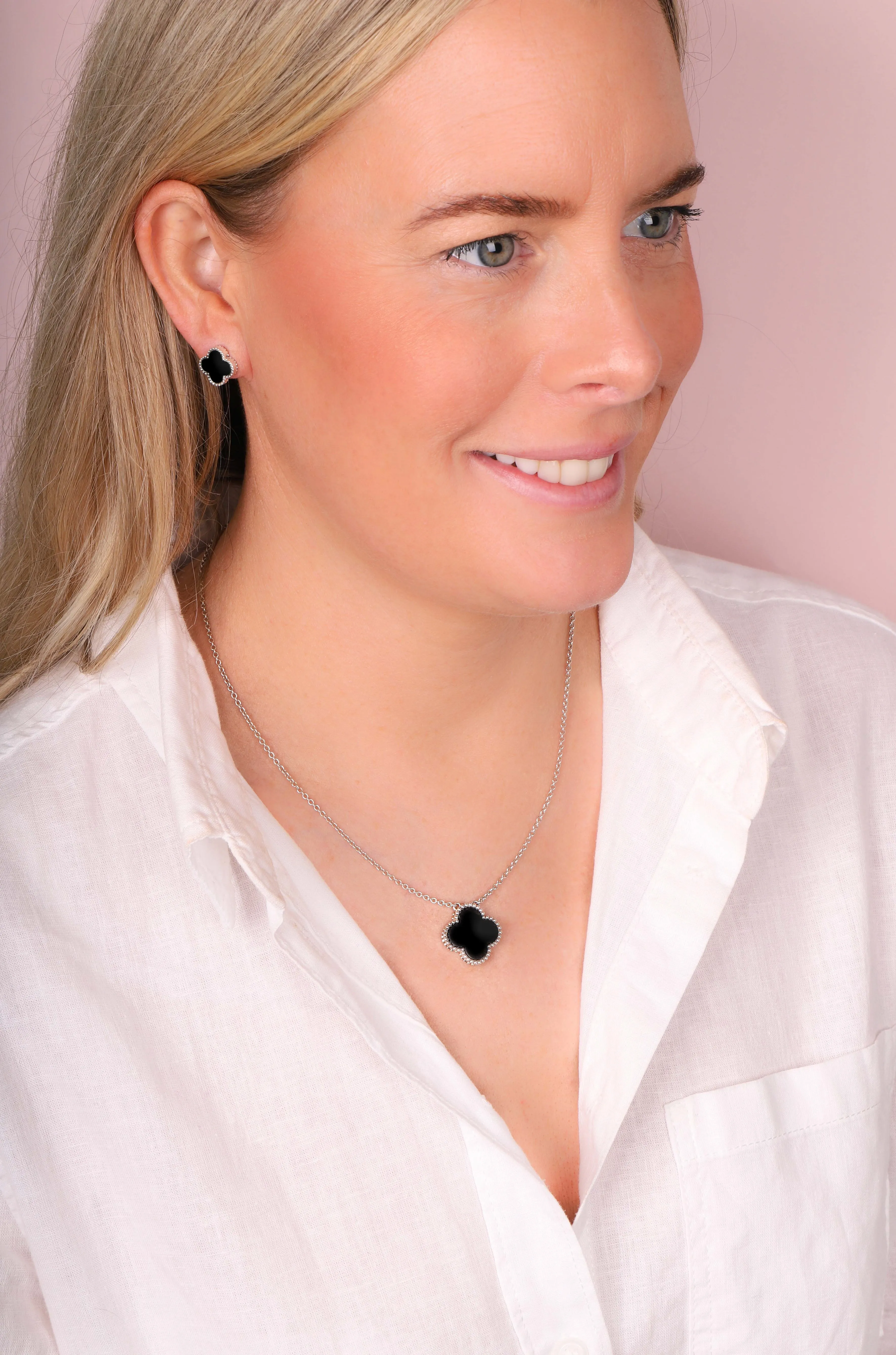 Sterling Silver Whitby Jet Bloom Four Leaf Clover Ball Edge Stud Earrings sold by C.W. Sellors product image thumbnail 3