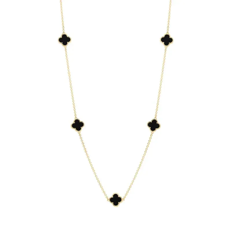 9ct Yellow Gold Whitby Jet Bloom Four Leaf Clover Ball Edge Necklace sold by C.W. Sellors