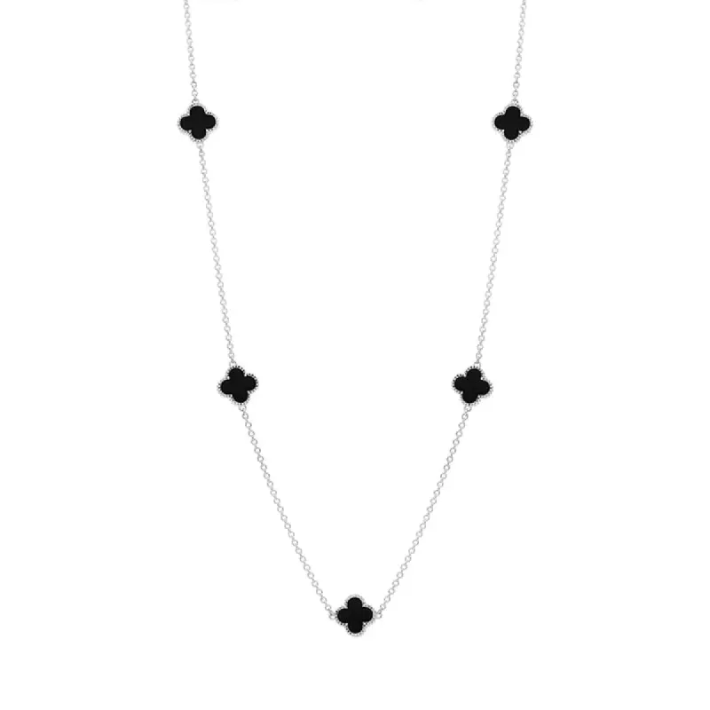 9ct White Gold Whitby Jet Bloom Four Leaf Clover Ball Edge Necklace sold by C.W. Sellors