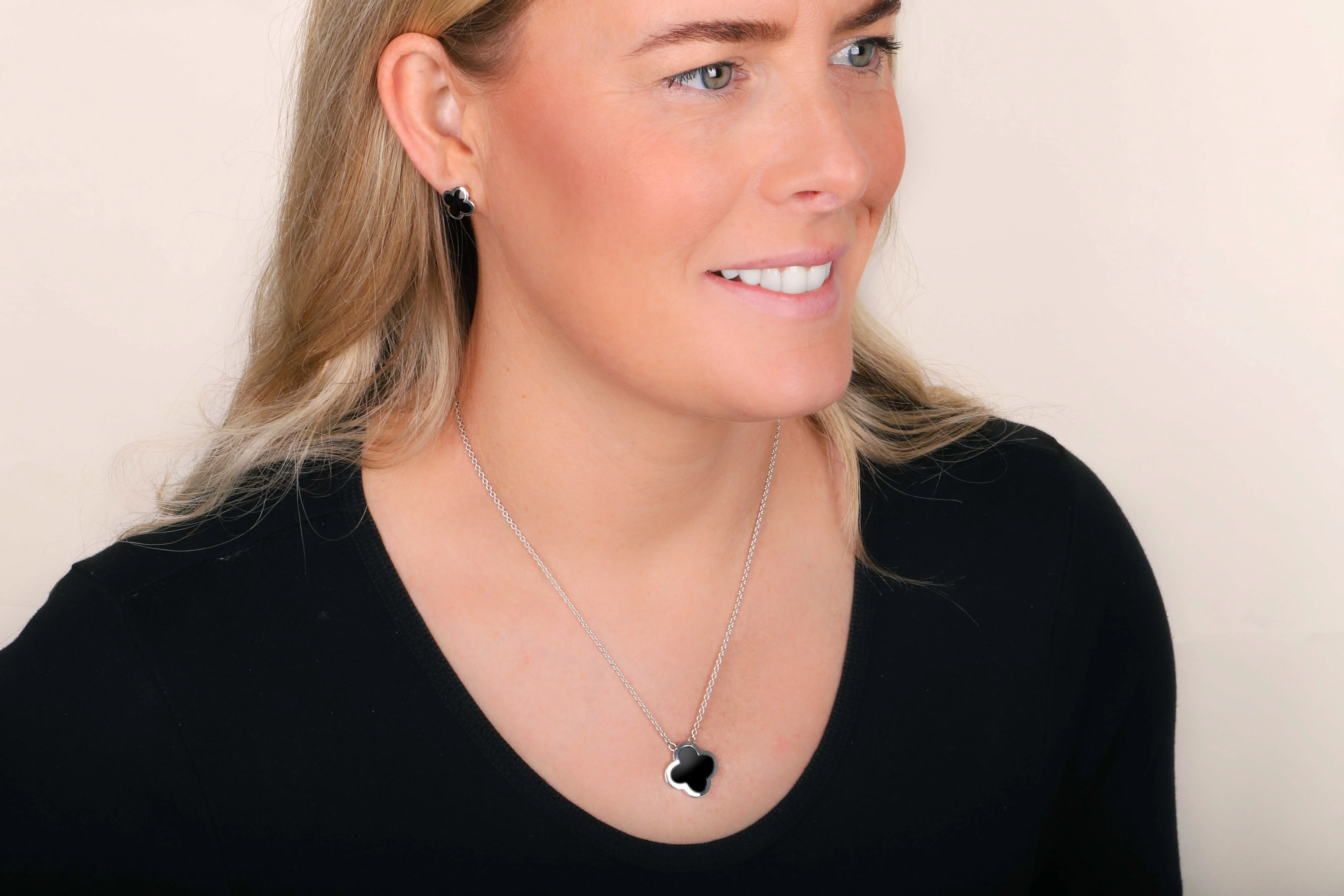 9ct White Gold Whitby Jet Bloom Large Four Leaf Clover Polished Edge Pendant sold by C.W. Sellors product image thumbnail 3