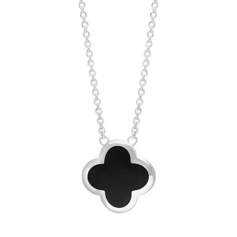 9ct White Gold Whitby Jet Bloom Large Four Leaf Clover Polished Edge Pendant sold by C.W. Sellors