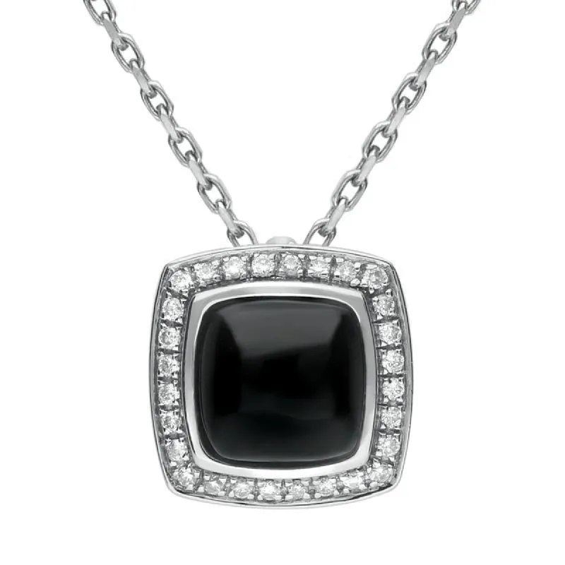 18ct White Gold Whitby Jet 0.13ct Diamond Square Pave Edge Necklace D sold by C.W. Sellors