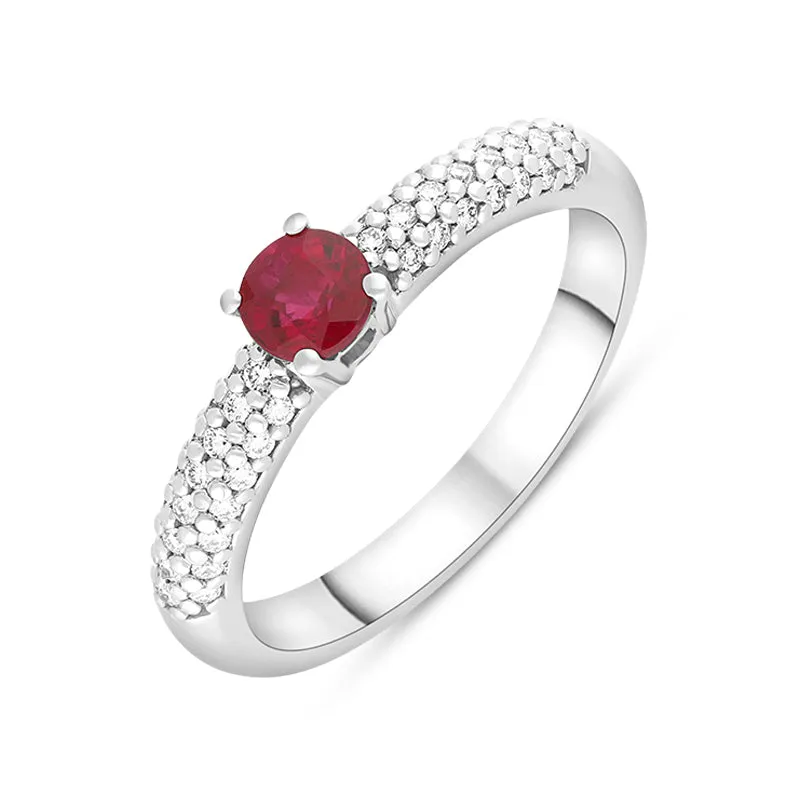 18ct White Gold Ruby Diamond Shoulder Set Ring sold by C.W. Sellors