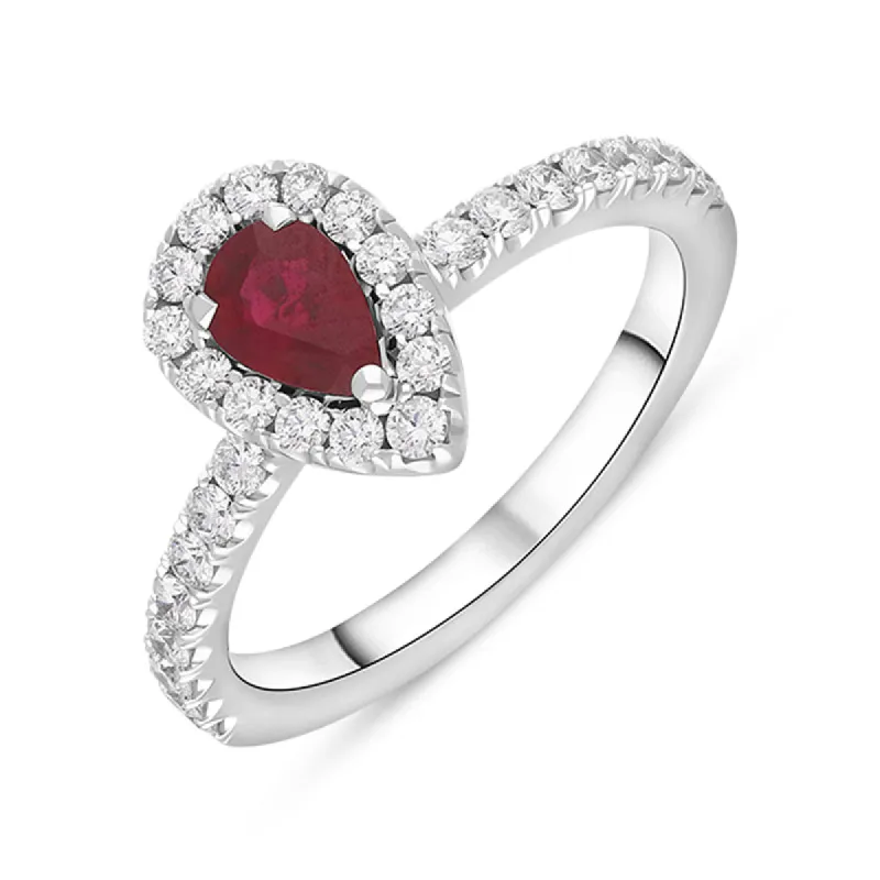 18ct White Gold Ruby Diamond Pear Cluster Shoulder Set Ring sold by C.W. Sellors