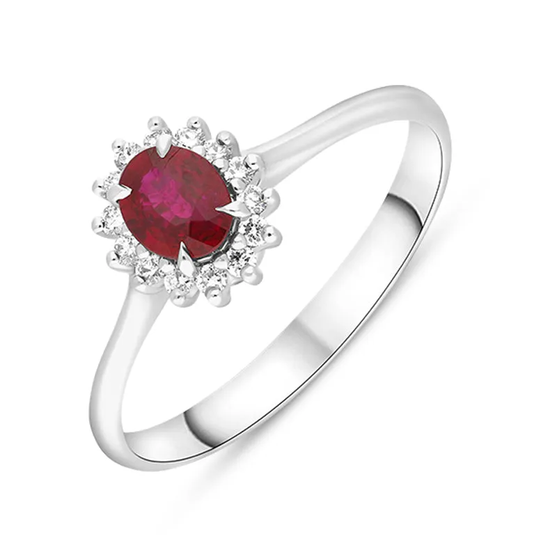 18ct White Gold Ruby Diamond Oval Cluster Ring sold by C.W. Sellors