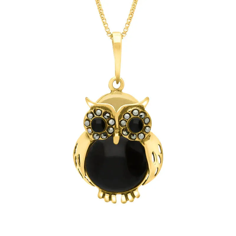 9ct Yellow Gold Whitby Jet Marcasite Medium Owl Necklace sold by C.W. Sellors